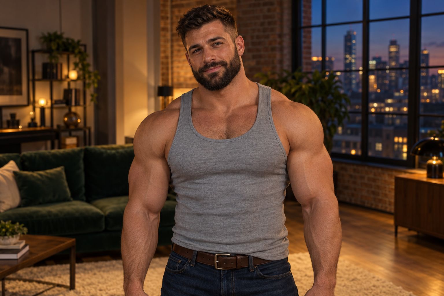 A bearded muscular man in a grey tank top, at eye level, noticing you
